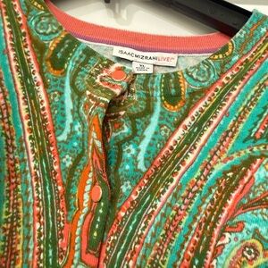 Isaac Mizrahi Teal, Coral & Green Paisley Cardigan